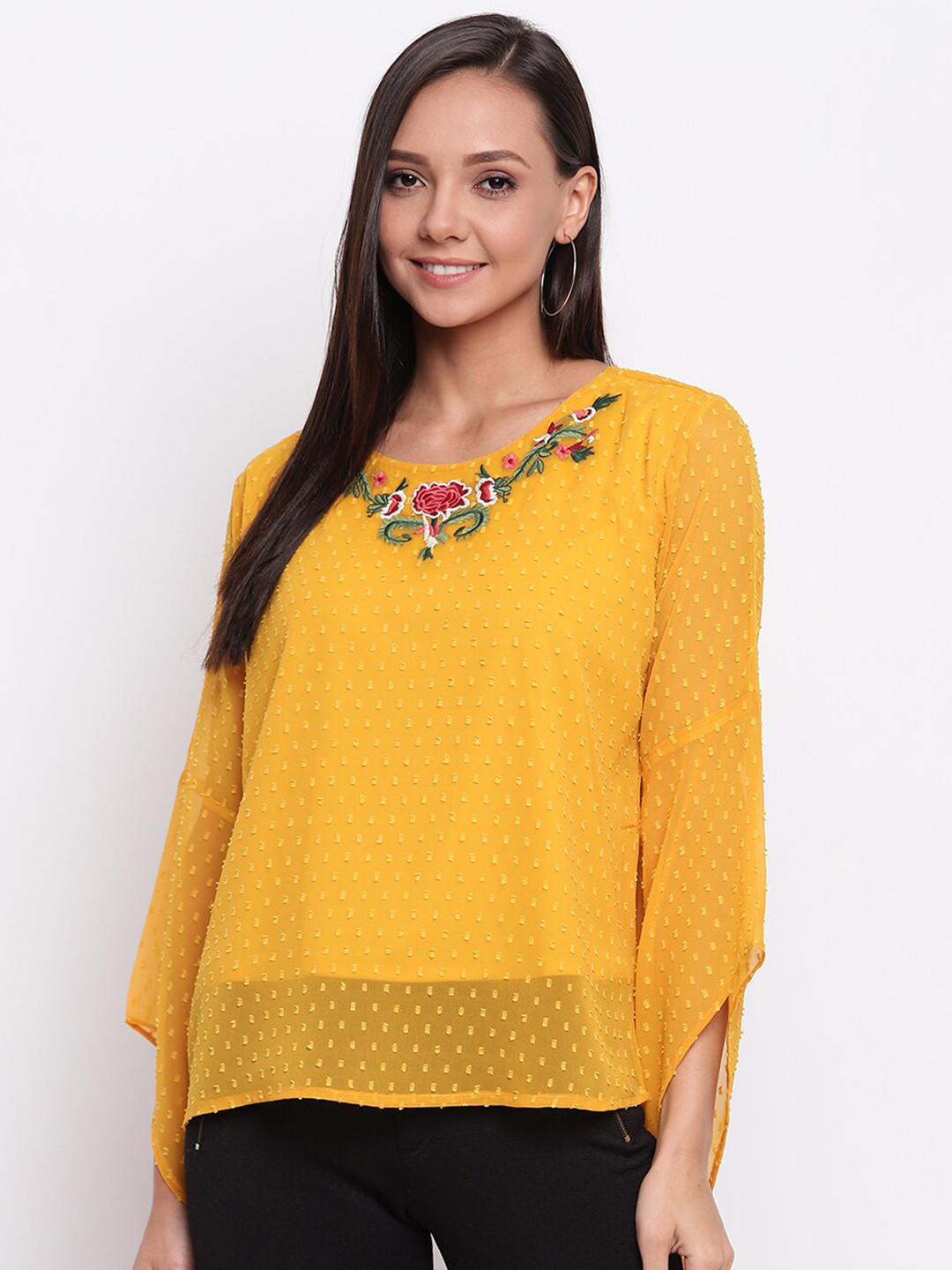

DressBerry Yellow Floral Embroidered Top