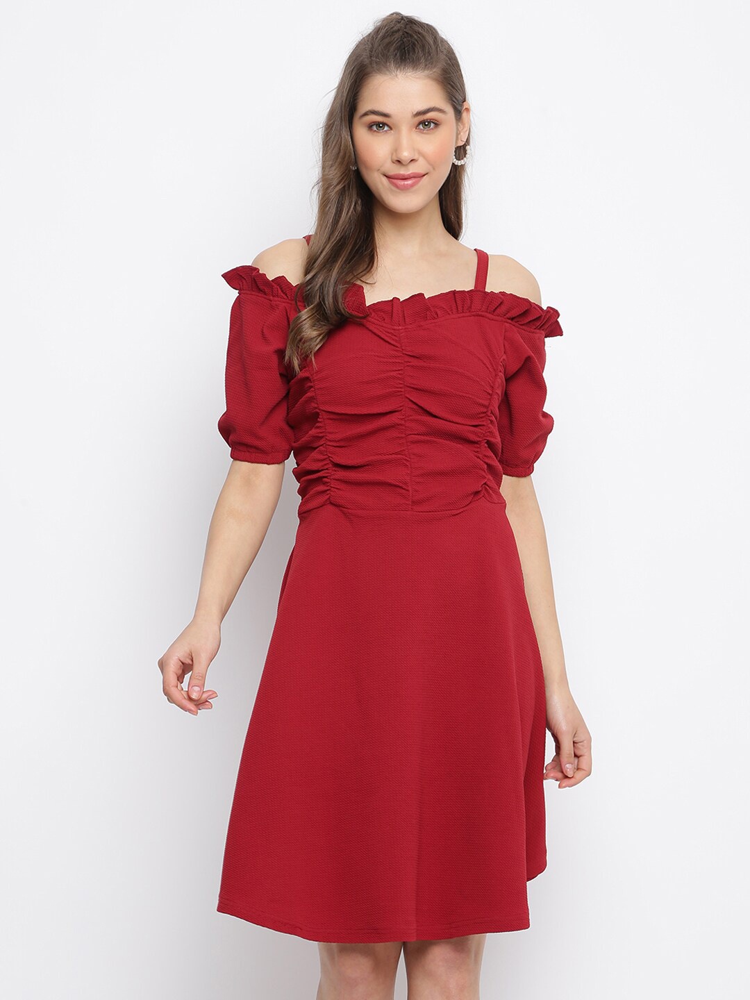 

DressBerry Maroon Cold-Shoulder Sleeves Ruched A-Line Dress