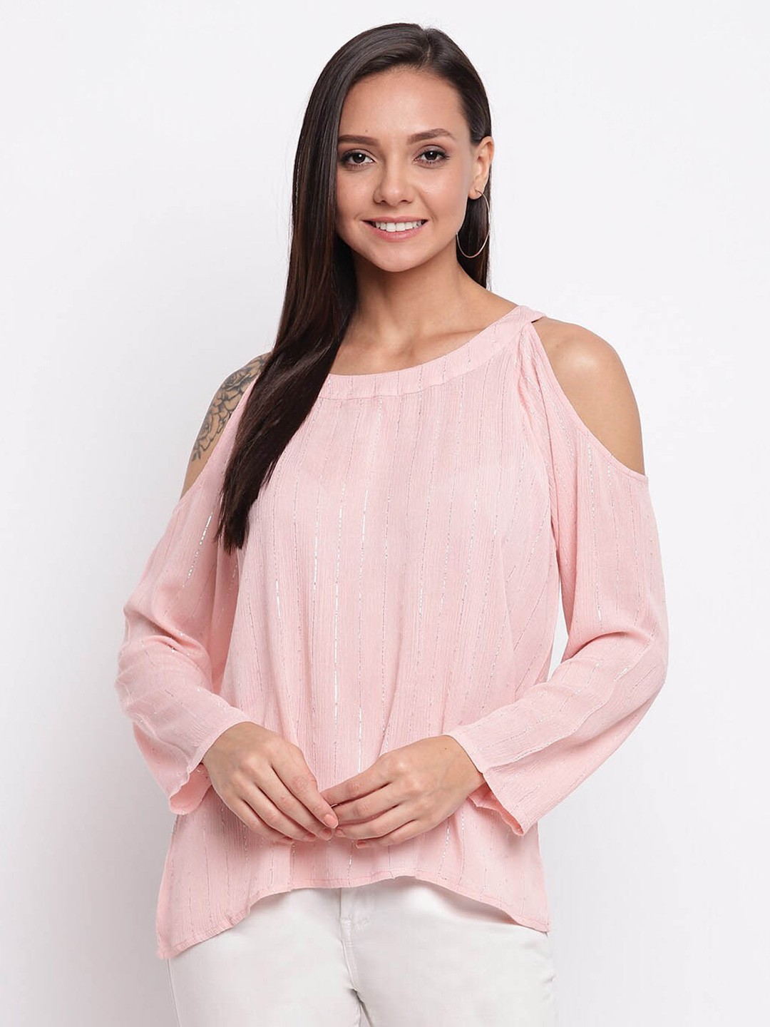 

DressBerry Pink Embellished Round Neck Cold-Shoulder Sleeves Top