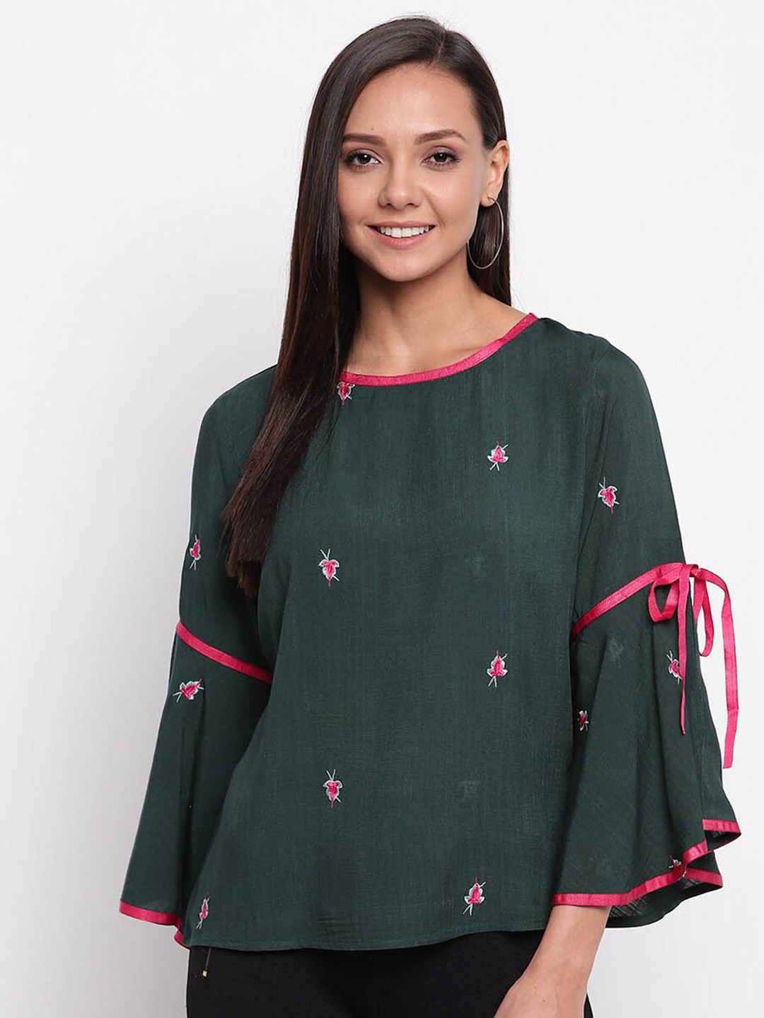 

DressBerry Green Floral Embroidered Bell Sleeves Cotton Top
