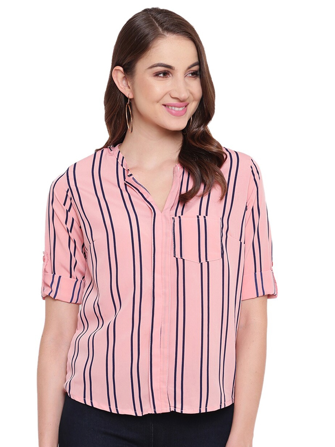 

DressBerry Pink Striped Shirt Style Top