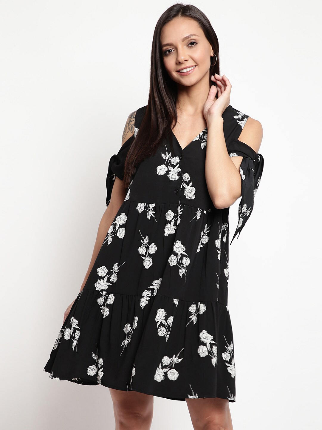 

DressBerry Black Floral Printed Crepe A-Line Dress