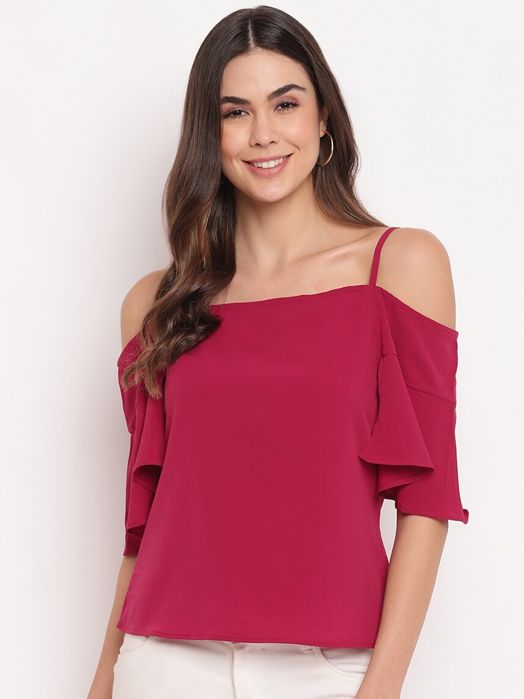 

DressBerry Magenta Shoulder Straps Cold-Shoulder Sleeves Crepe Bardot Top