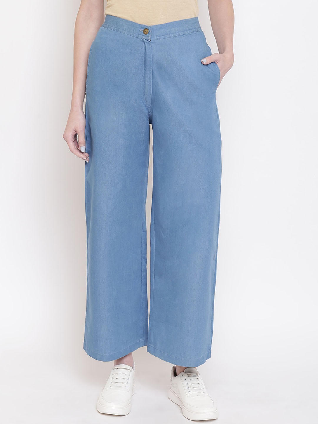 

DressBerry Women Regular Fit Mid-Rise Plain Cotton Trousers, Blue