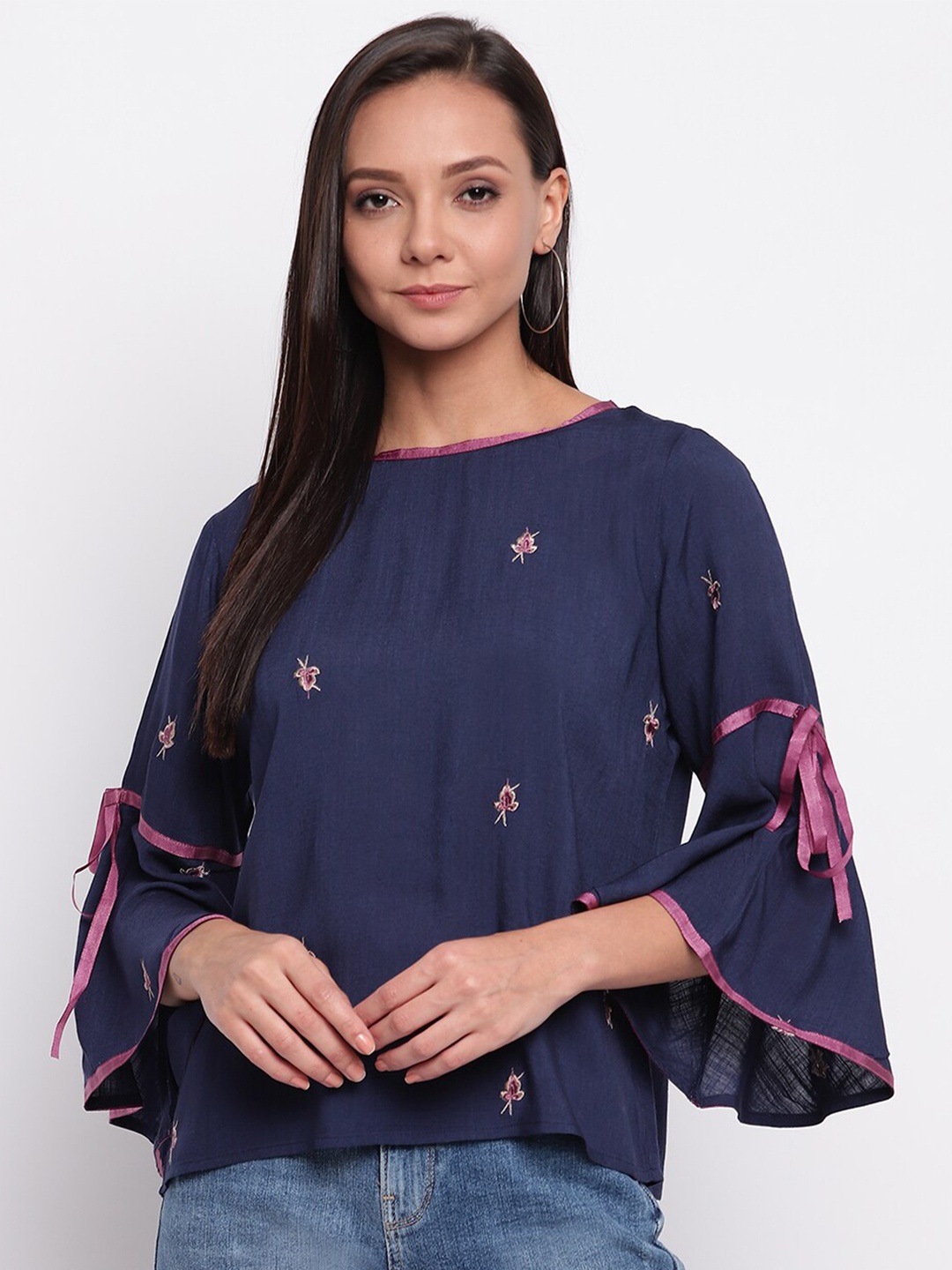 

DressBerry Navy Blue Floral Embroidered Top