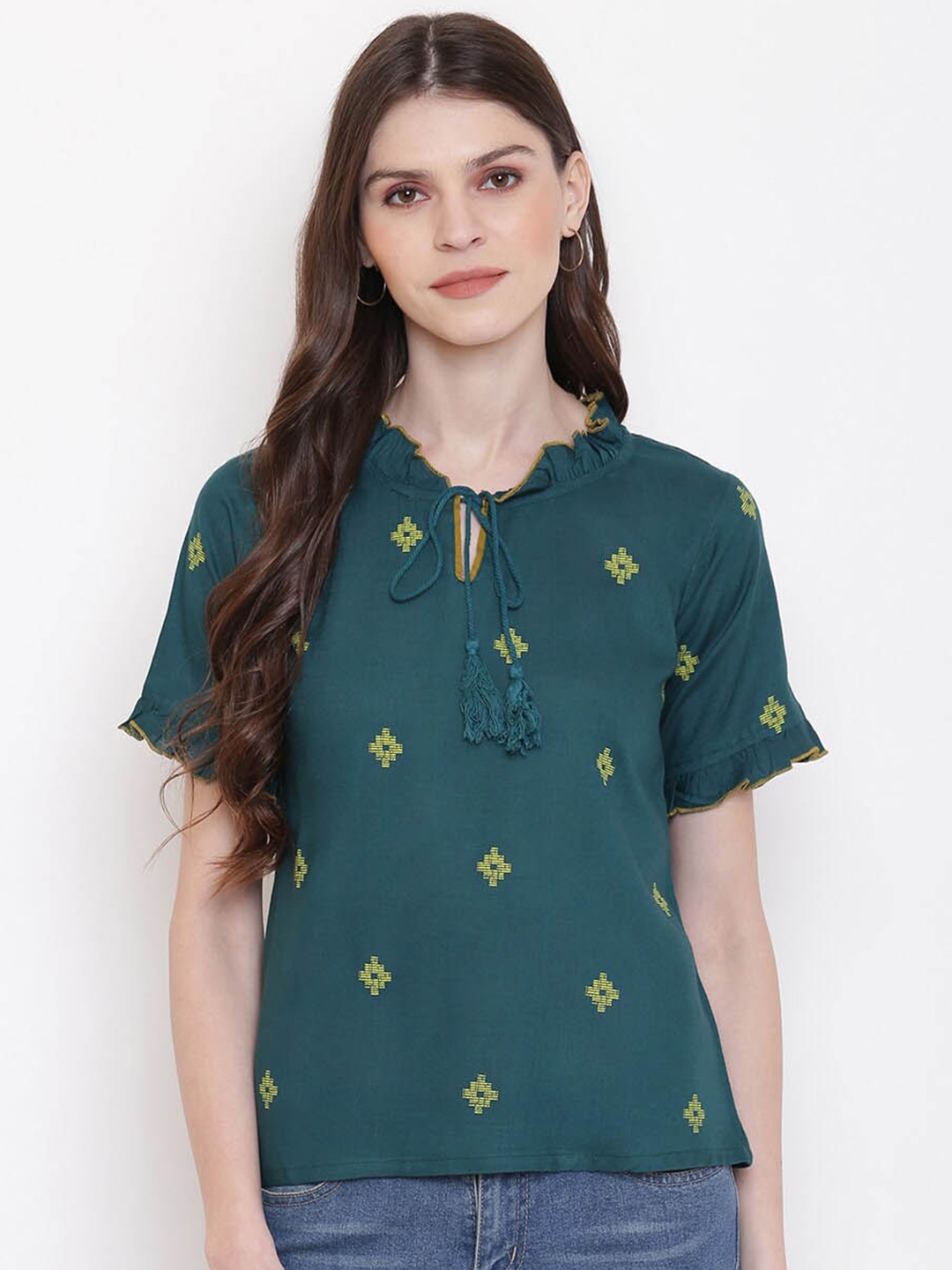 

DressBerry Teal Green Geometric Printed Tie-Up Neck Top