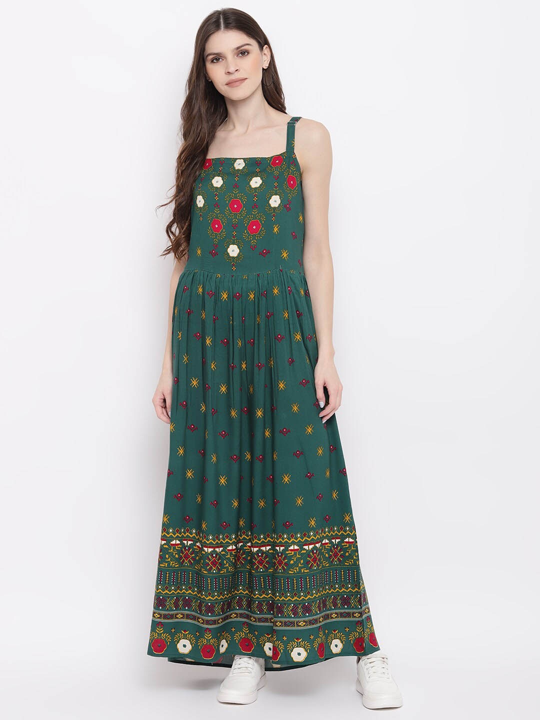 

DressBerry Green Floral Printed Shoulder Strap A-Line Dress