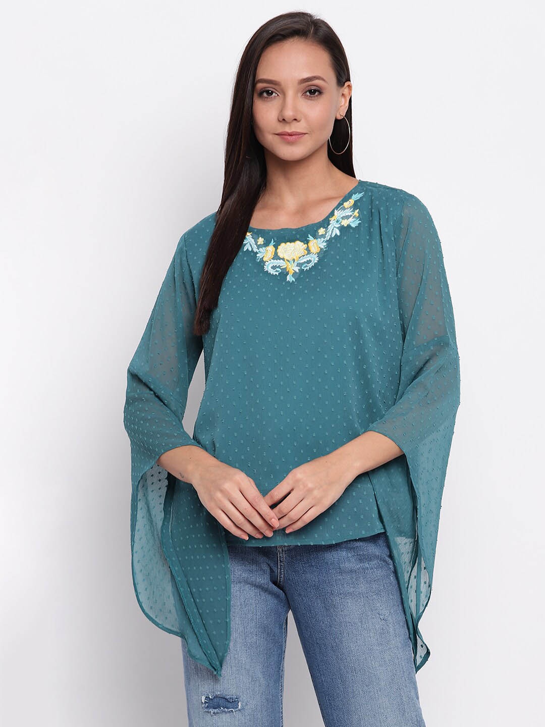 

DressBerry Self Designed Bell Sleeves Top, Turquoise blue