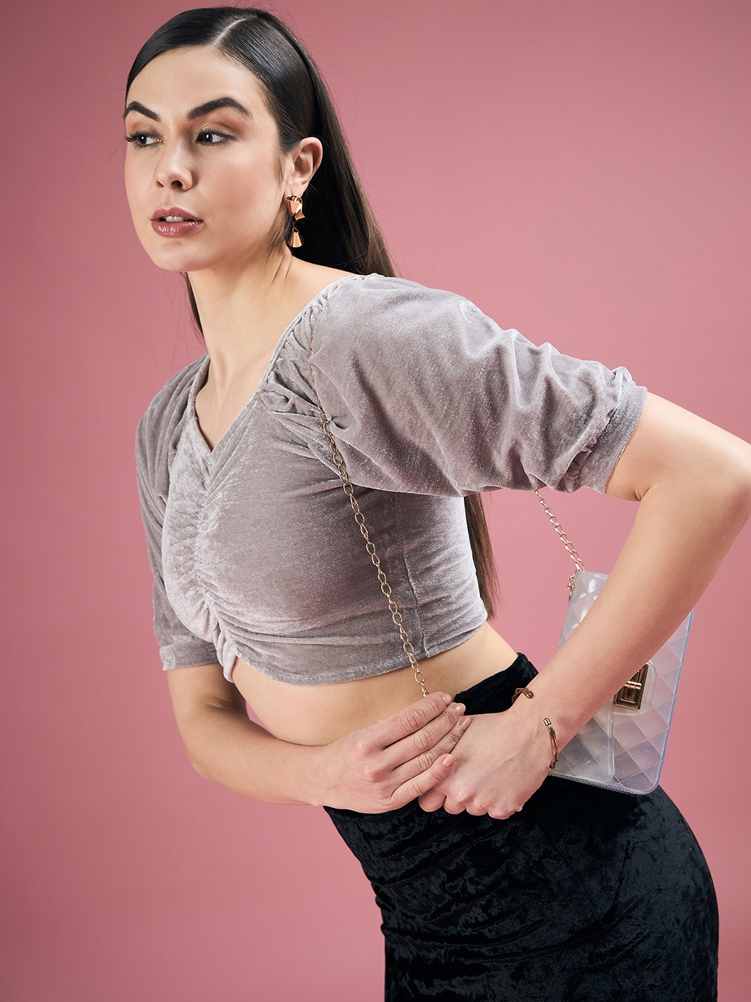 

DressBerry Grey Sweetheart Neck Ruched Blouson Crop Top