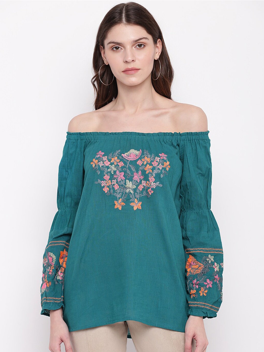

DressBerry Turquoise Blue Floral Embroidered Cotton Bardot Top