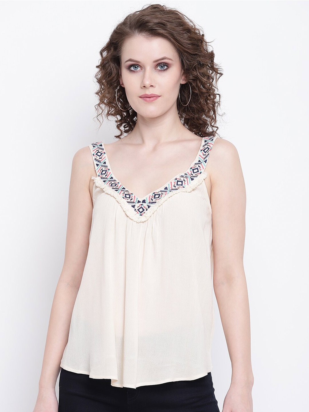 

DressBerry Beige Ethnic Motifs Embroidered Shoulder Straps Top