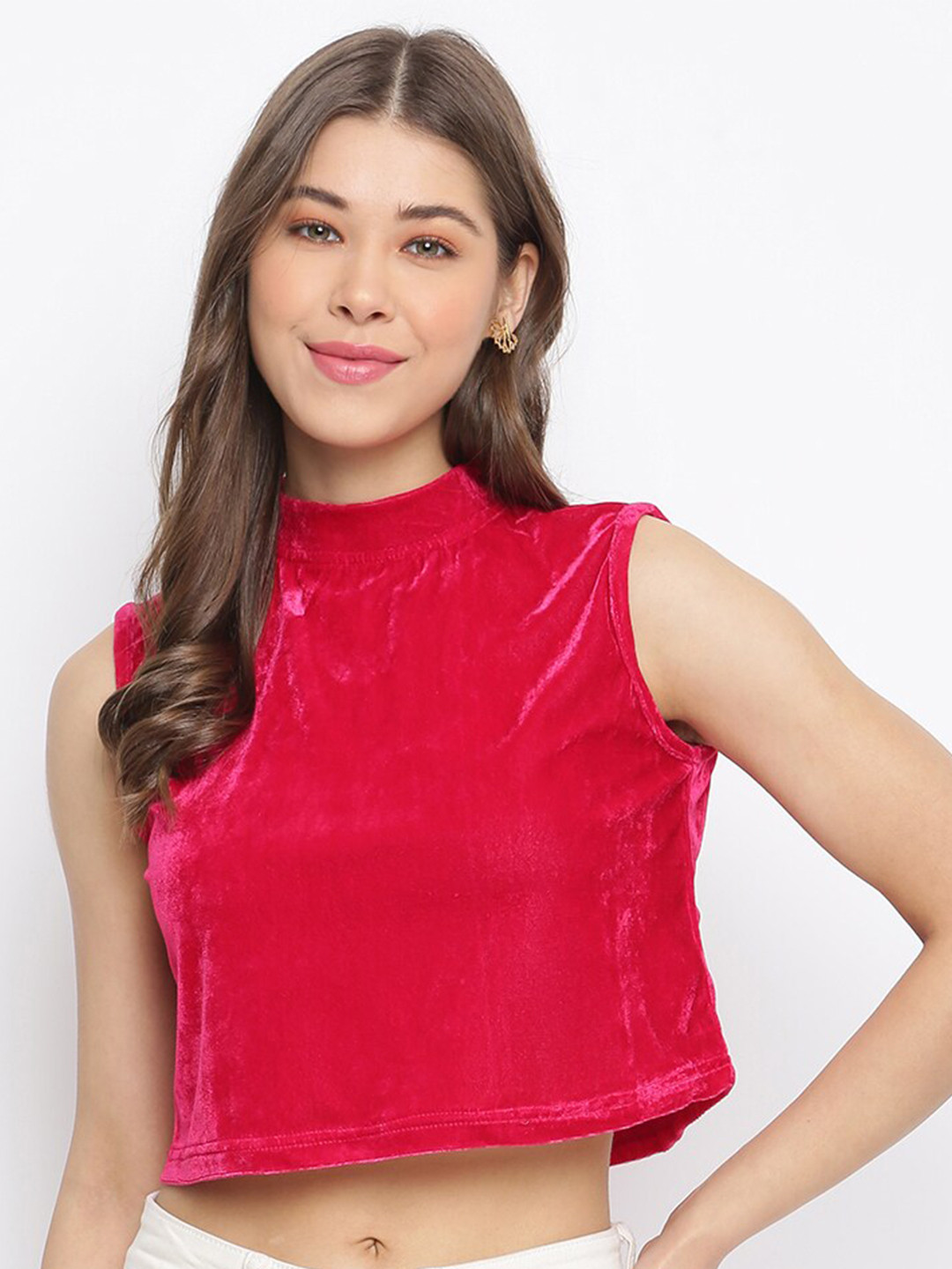 

DressBerry Magenta High Neck Sleeveless Velvet Crop Top