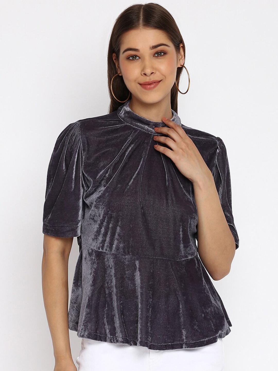 

DressBerry Grey Puff Sleeve Peplum Velvet Top