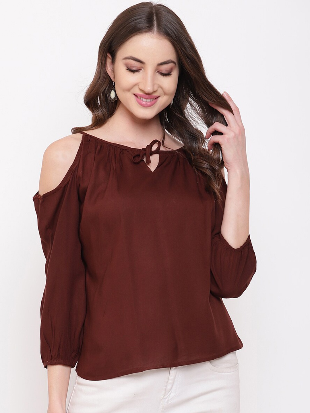 

DressBerry Brown Keyhole Neck Cold Shoulder Top