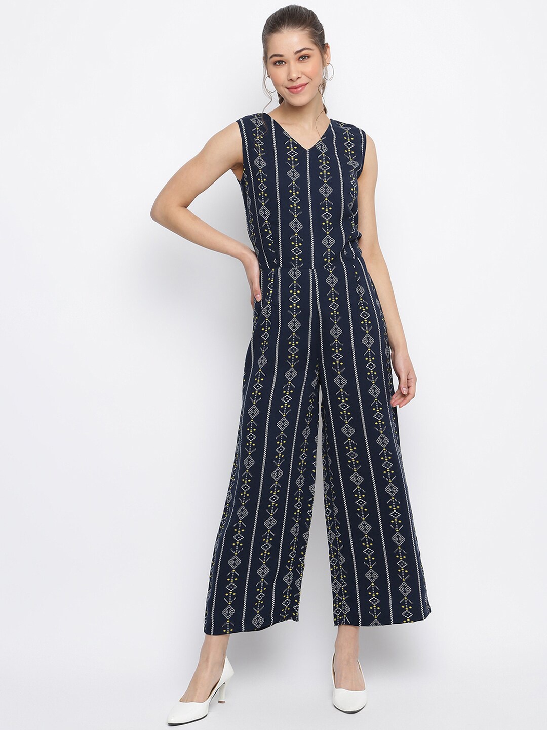 

DressBerry Navy Blue Sleeveless Printed Basic Jumpsuit