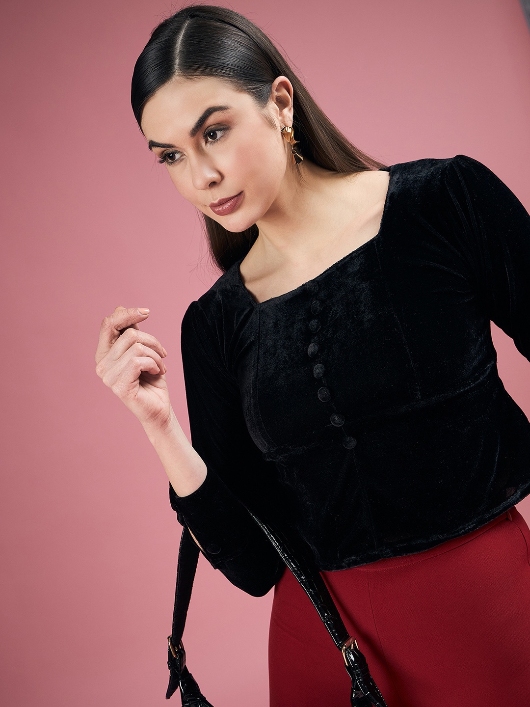 

DressBerry Black Square Neck Cuffed Sleeves Velvet Top