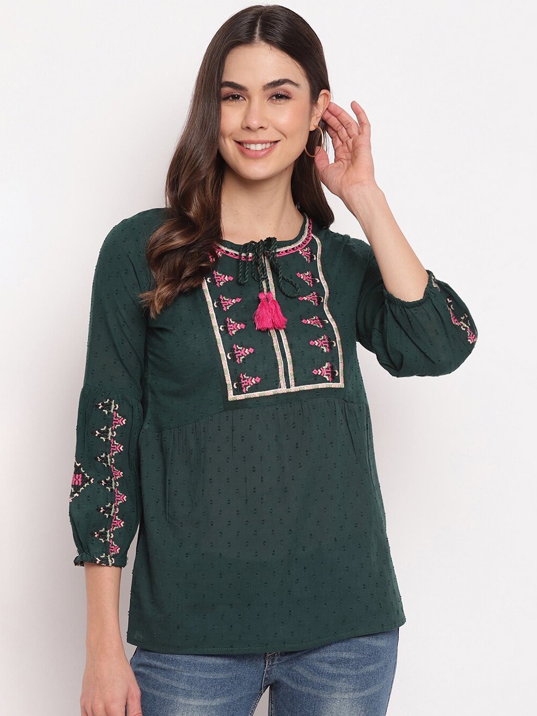 

DressBerry Green Embroidered Tie-Up Neck Cotton Top