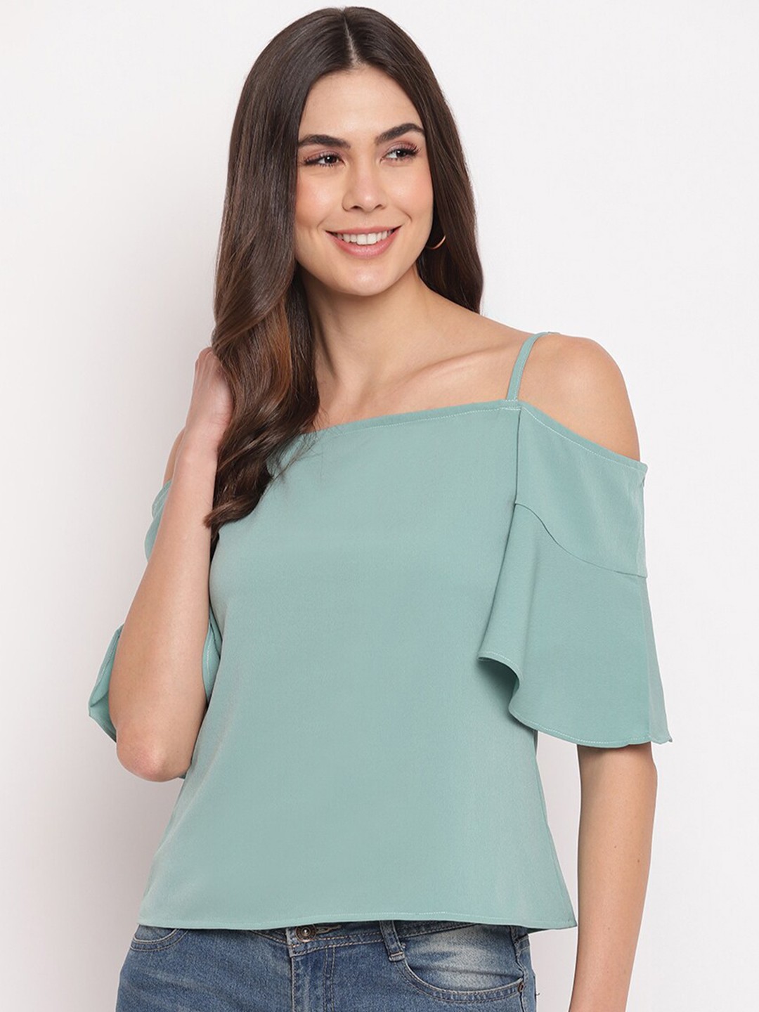 

DressBerry Sea Green Shoulder Straps Cold-Shoulder Top