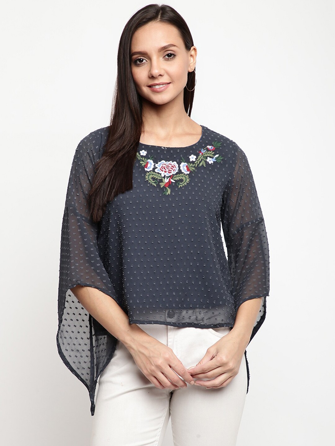 

DressBerry Self Designed Bell Sleeves Top, Grey