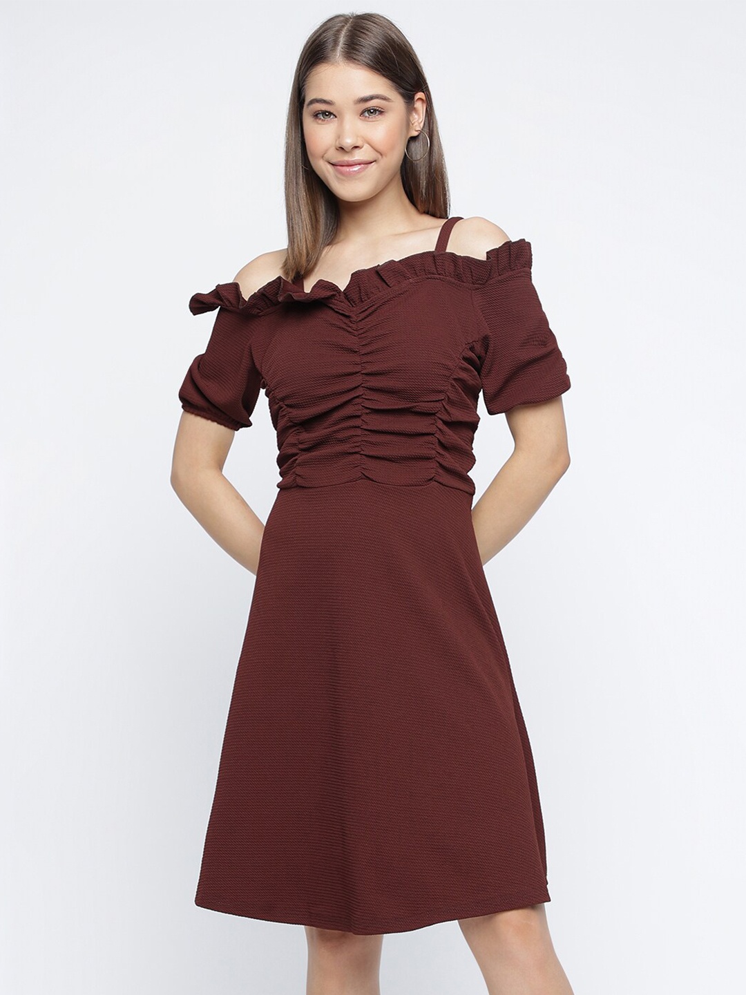 

DressBerry Coffee Brown Shoulder Straps Gathered Or Pleated A Line Dress