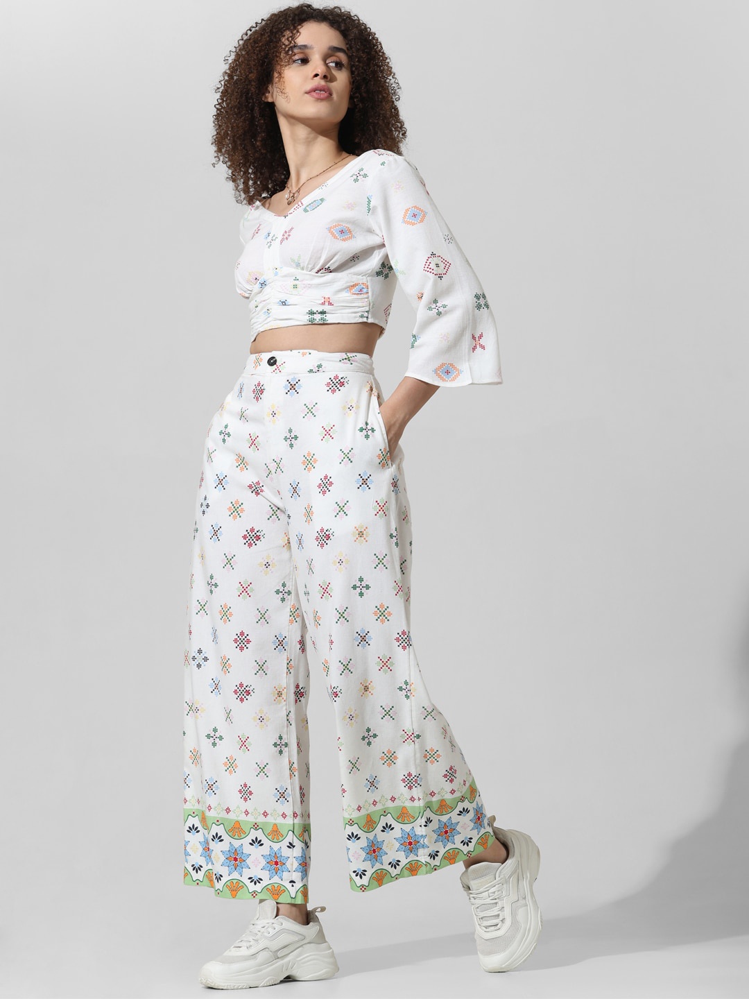 

ONLY Women Printed Flared High-Rise Culottes Trousers, White