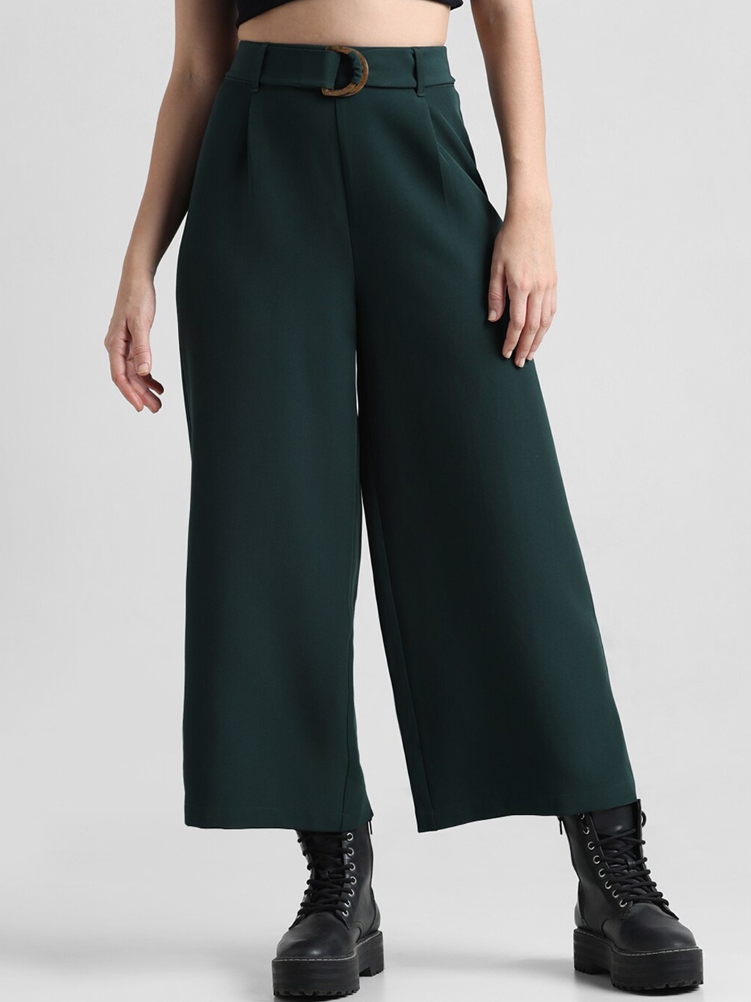 

ONLY Women Belted High-Rise Pure Cotton Culottes Trousers, Green