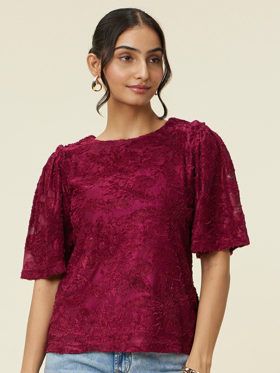 

Emmyrobe Floral Self Design Flared Sleeves Top, Maroon