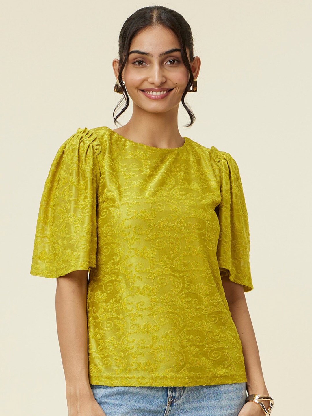 

Emmyrobe Self Design Round Neck Flared Sleeve Gathered Regular Top, Yellow