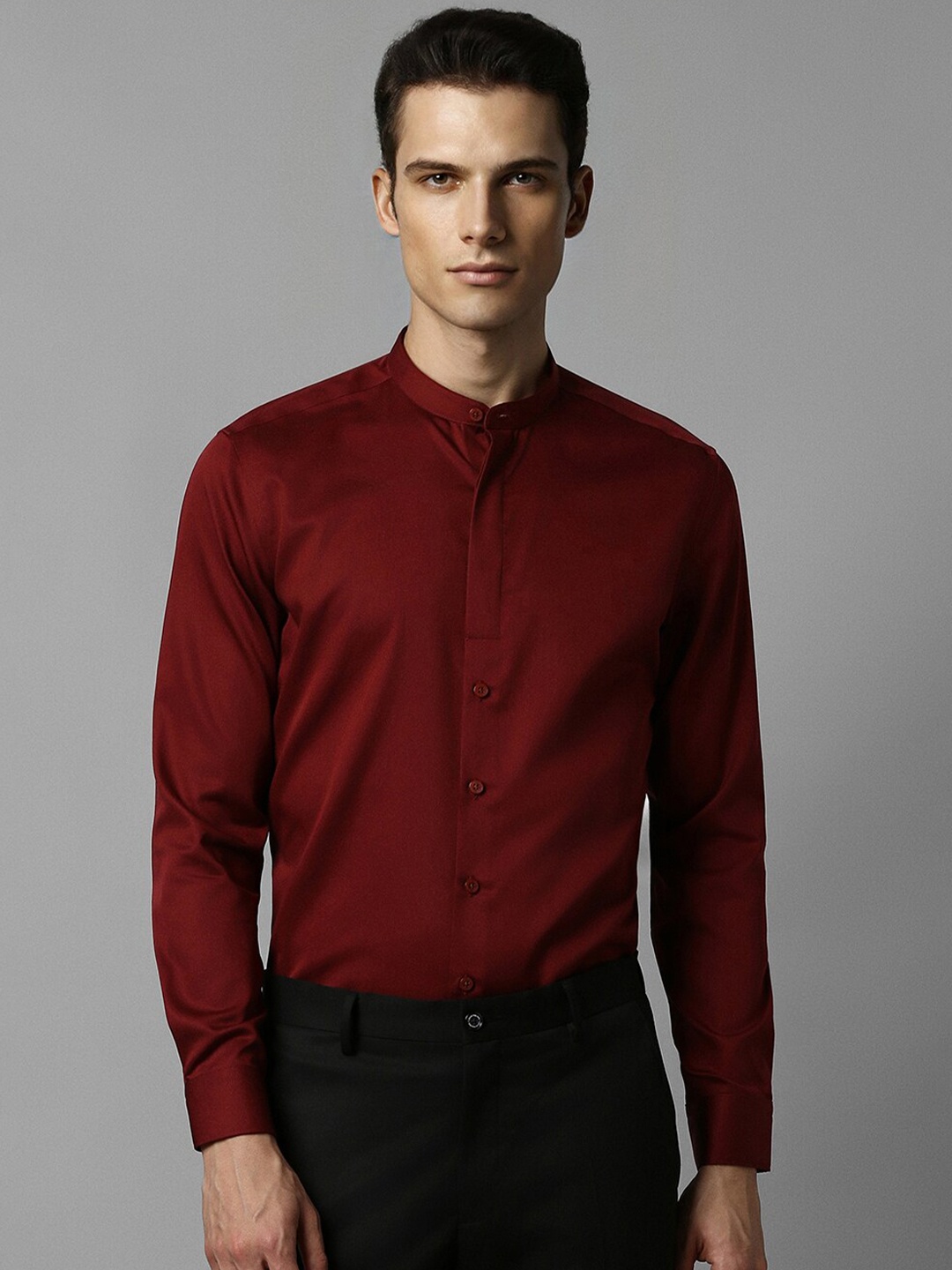 

Louis Philippe Slim Fit Band Collar Long Sleeves Pure Cotton Formal Shirt, Maroon