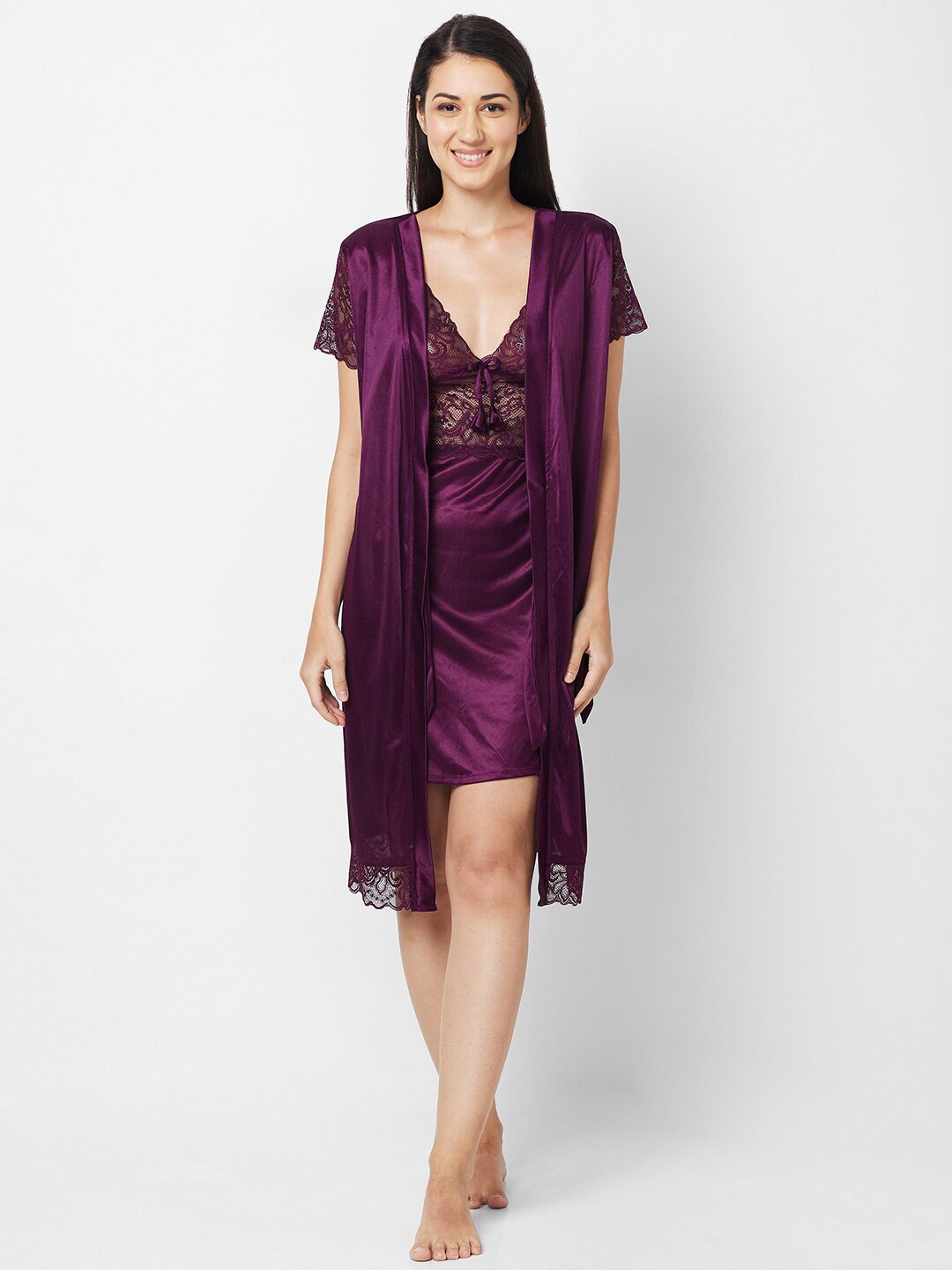 

NOIRA Satin Nightdress With Robe, Purple
