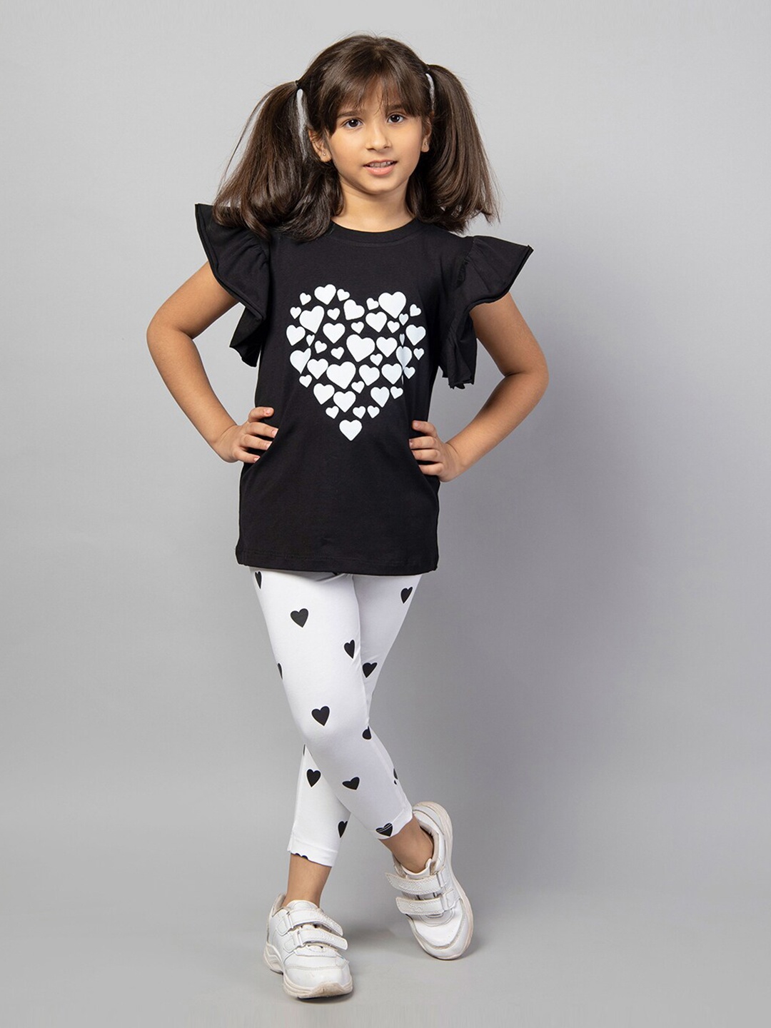 

ZIP ZAP ZOOP Girls Printed Pure Cotton Top With Leggings, Black