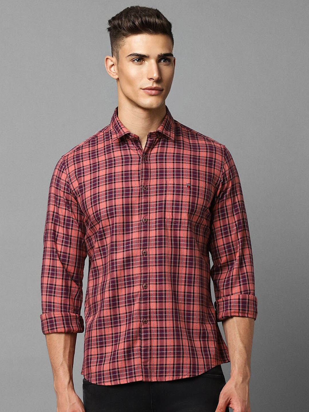 

Louis Philippe Jeans Slim Fit Tartan Checked Pure Cotton Casual Shirt, Peach