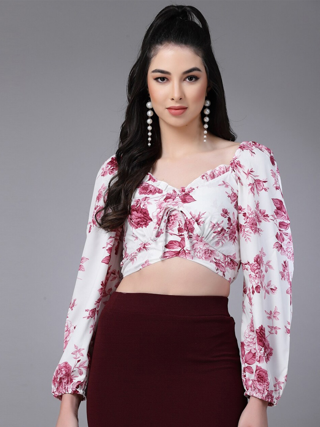 

Oomph! Floral Print Sweetheart Neck Puff Sleeve Crepe Fitted Crop Top, Pink