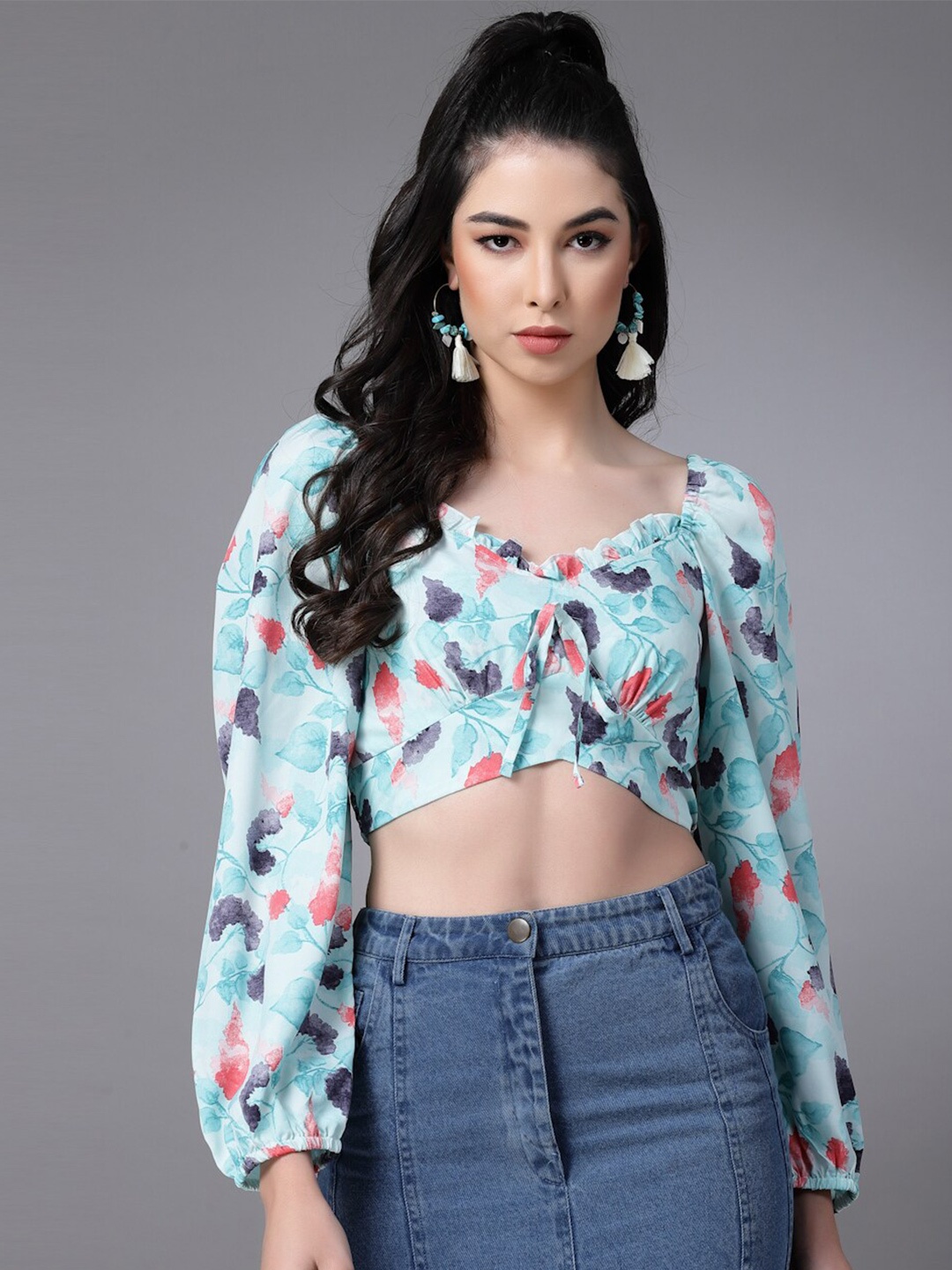 

Oomph! Floral Printed Sweetheart Neck Puff Sleeves Tie-Ups Fitted Crop Top, Blue