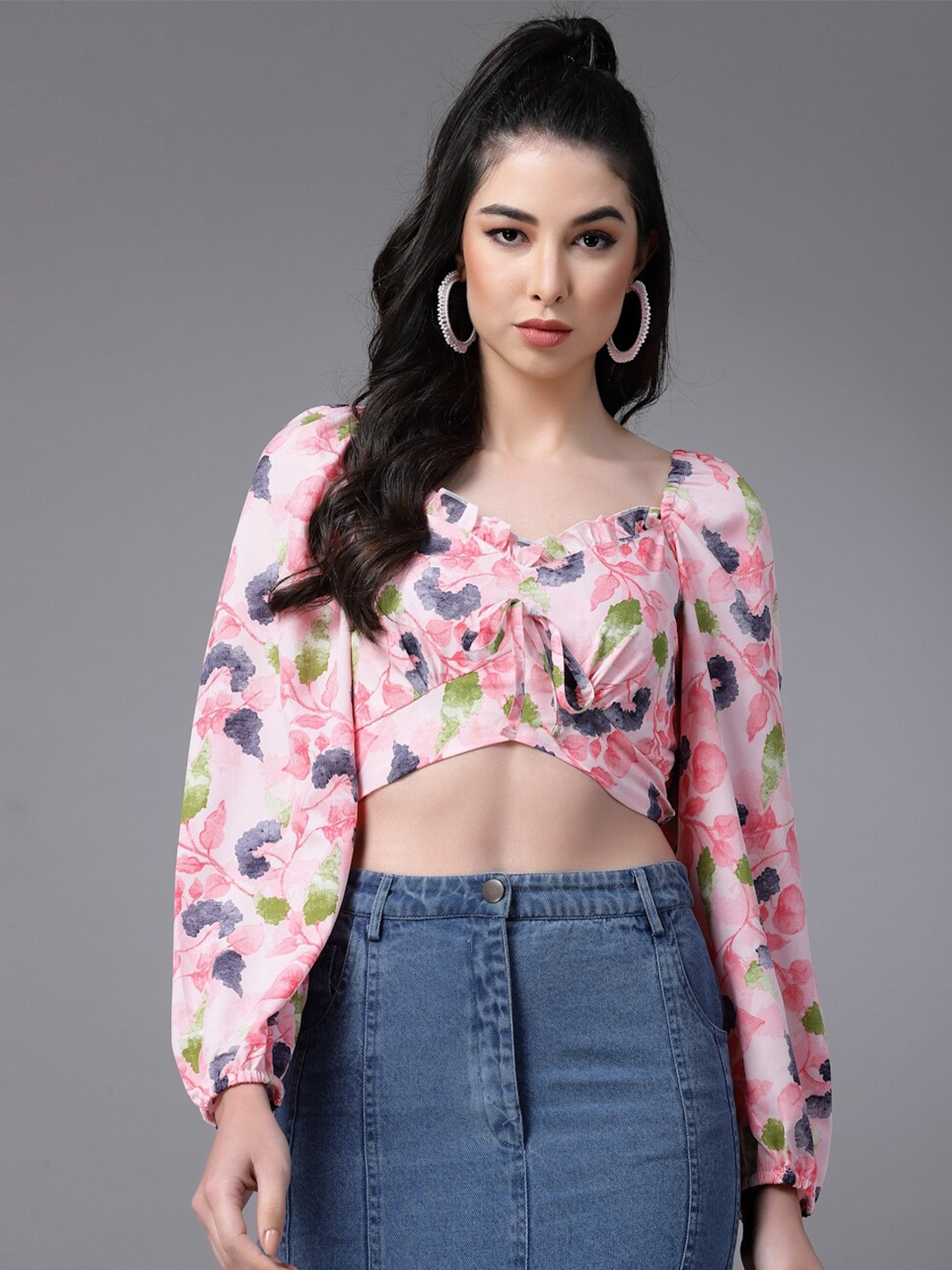 

Oomph! Floral Printed Puff Sleeves Crop Fitted Top, Pink