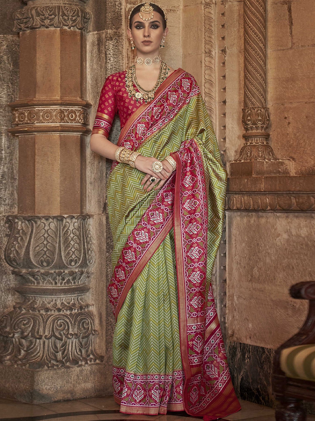

Mitera Green Chevron Printed Patola Saree