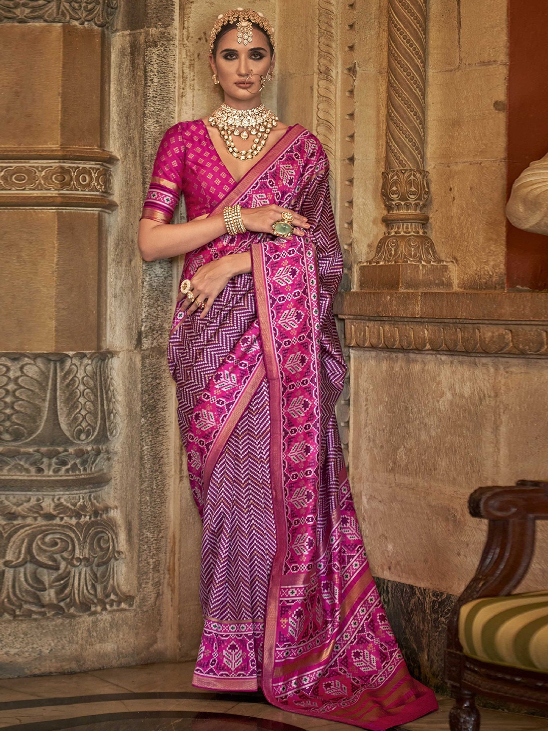 

Mitera Magenta & Blue Geometric Printed Zari Patola Saree