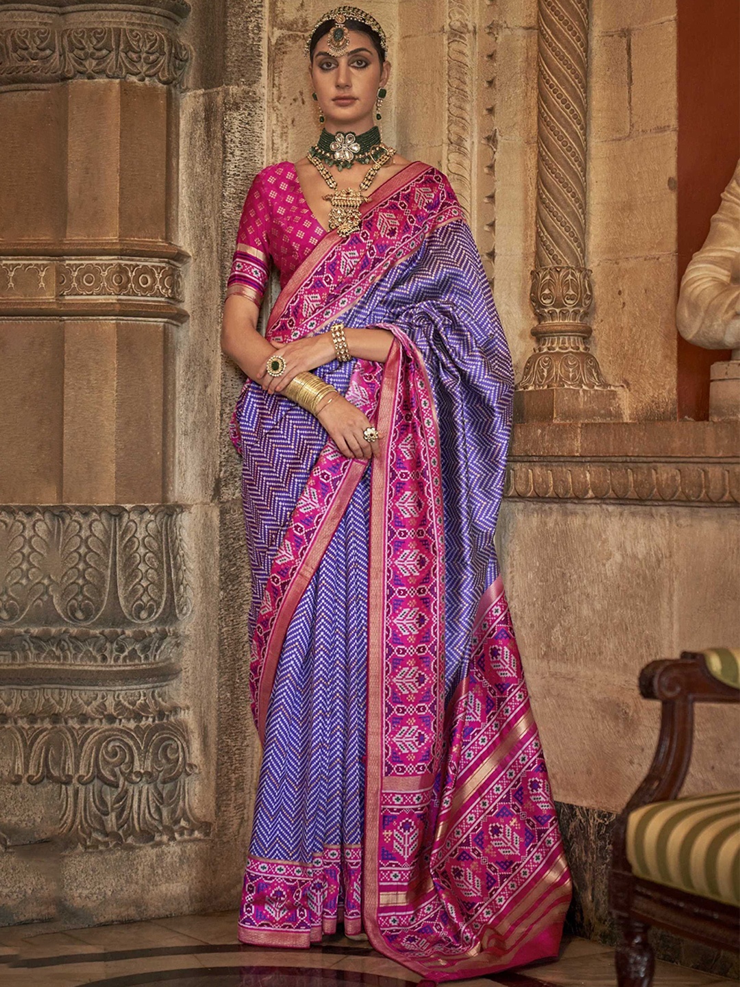 

Mitera Blue & Pink Ethnic Motifs Printed Zari Patola Saree