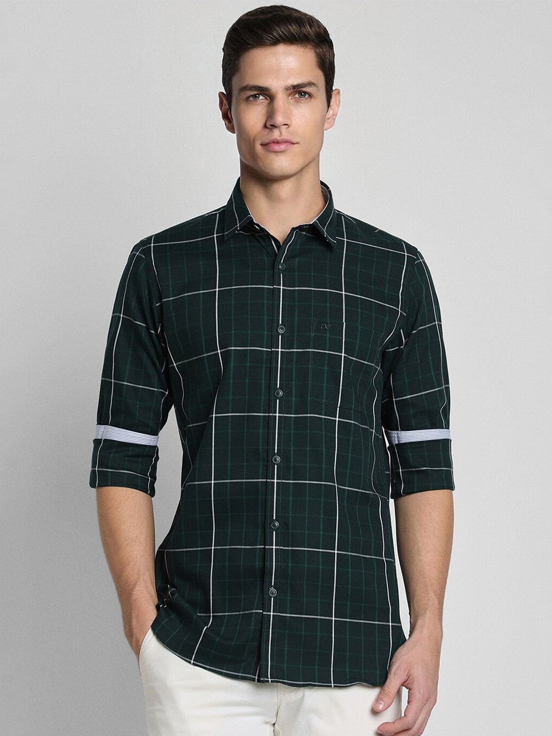 

Peter England Casuals Slim Fit Windowpane Checked Pure Cotton Shirt, Green