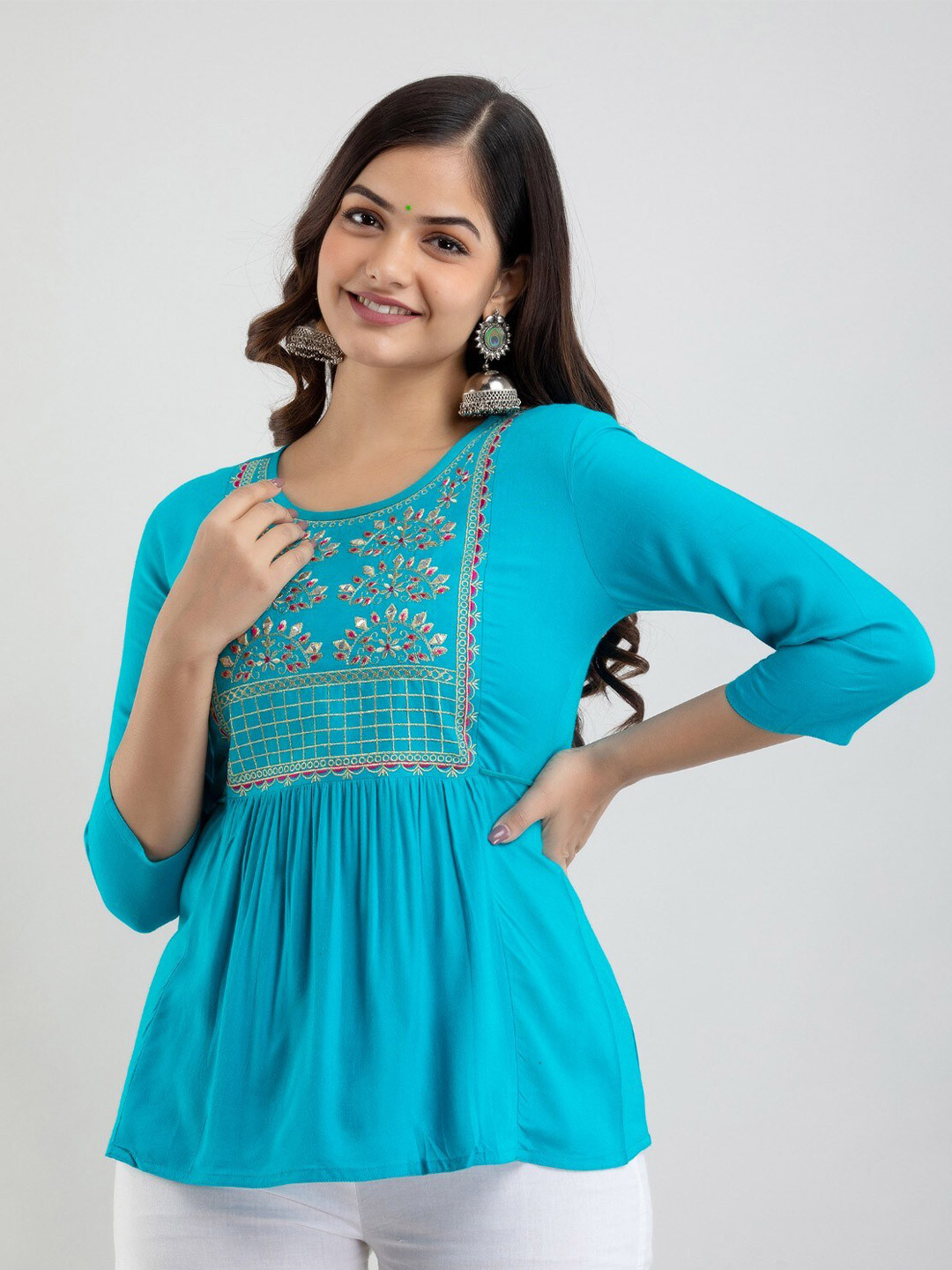 

SHOOLIN Floral Embroidered Mirror Work Pleated A-Line Kurti, Turquoise blue