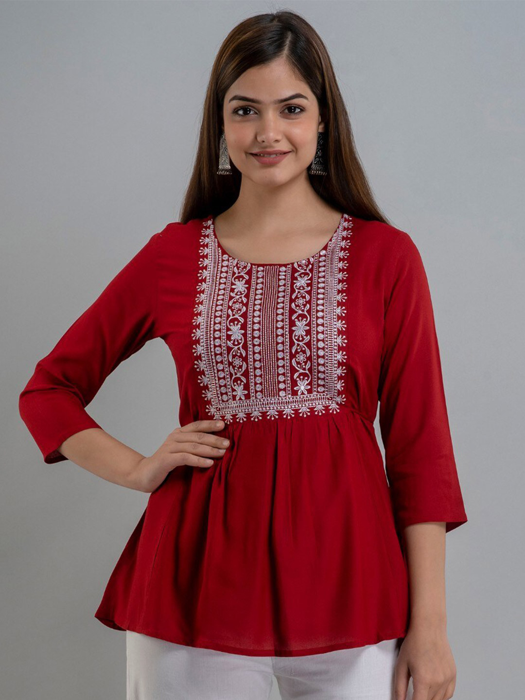 

SHOOLIN Floral Embroidered Pleated A-Line Kurti, Maroon