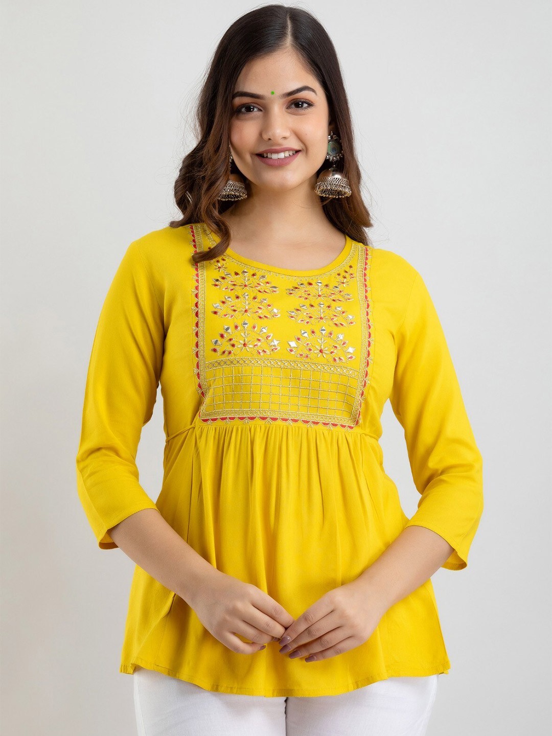 

SHOOLIN Ethnic Motifs Embroidered Pleated A-Line Kurti, Mustard