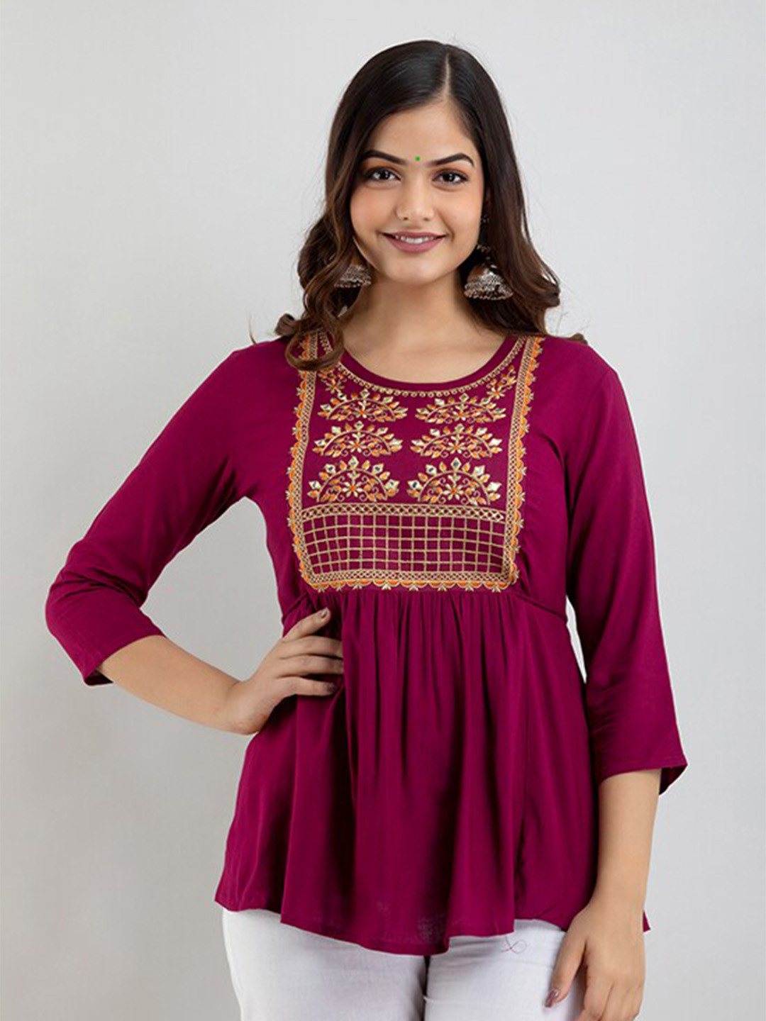 

SHOOLIN Ethnic Motifs Embroidered A-Line Kurti, Maroon