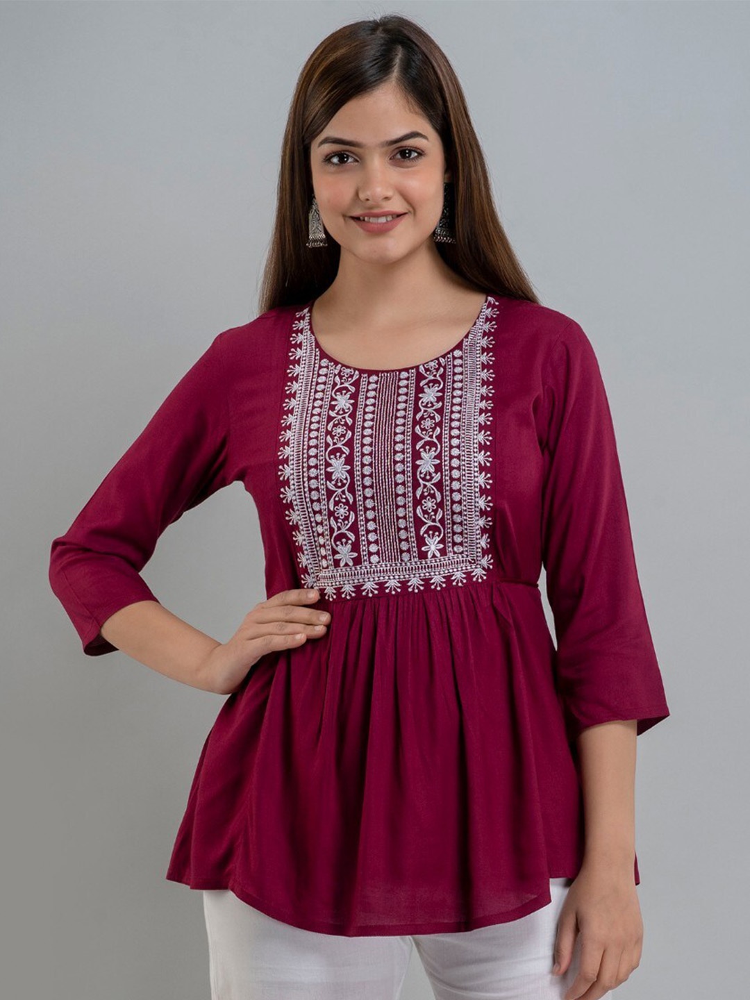 

SHOOLIN Ethnic Motifs Embroidered Pleated A-Line Kurti, Maroon