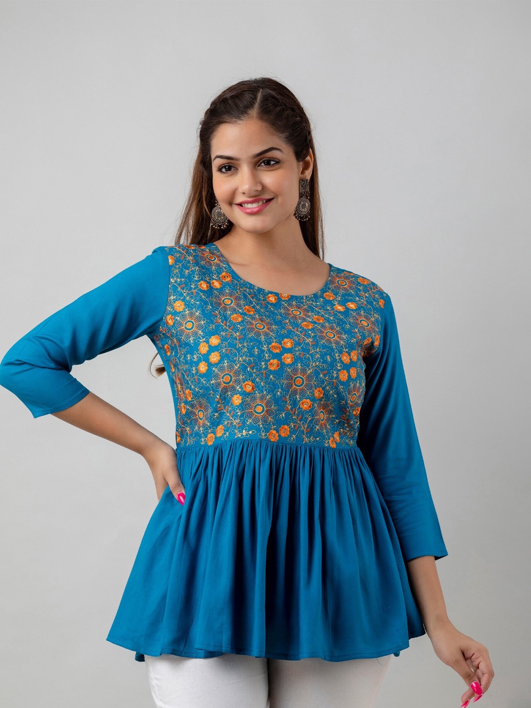 

SHOOLIN Ethnic Motifs Embroidered Pleated A-Line Kurti, Blue