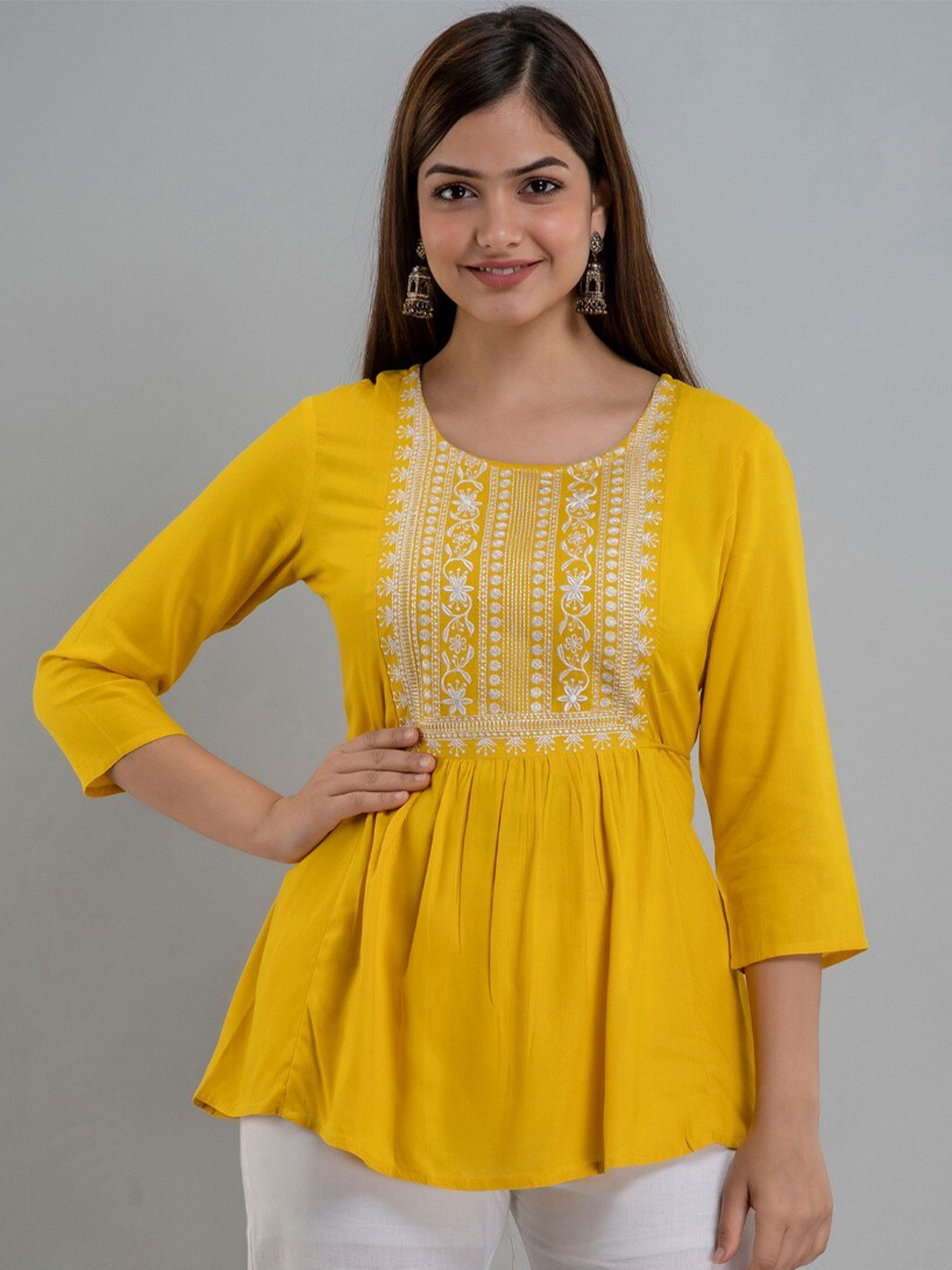 

SHOOLIN Ethnic Motifs Embroidered Pleated A-Line Kurti, Yellow