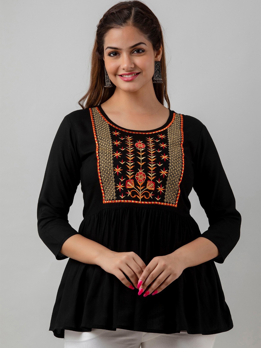 

SHOOLIN Ethnic Motifs Embroidered Thread Work Detailed A-Line Kurti, Black