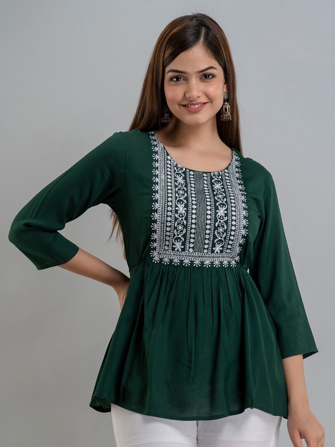 

SHOOLIN Ethnic Motifs Embroidered A-Line Kurti, Green