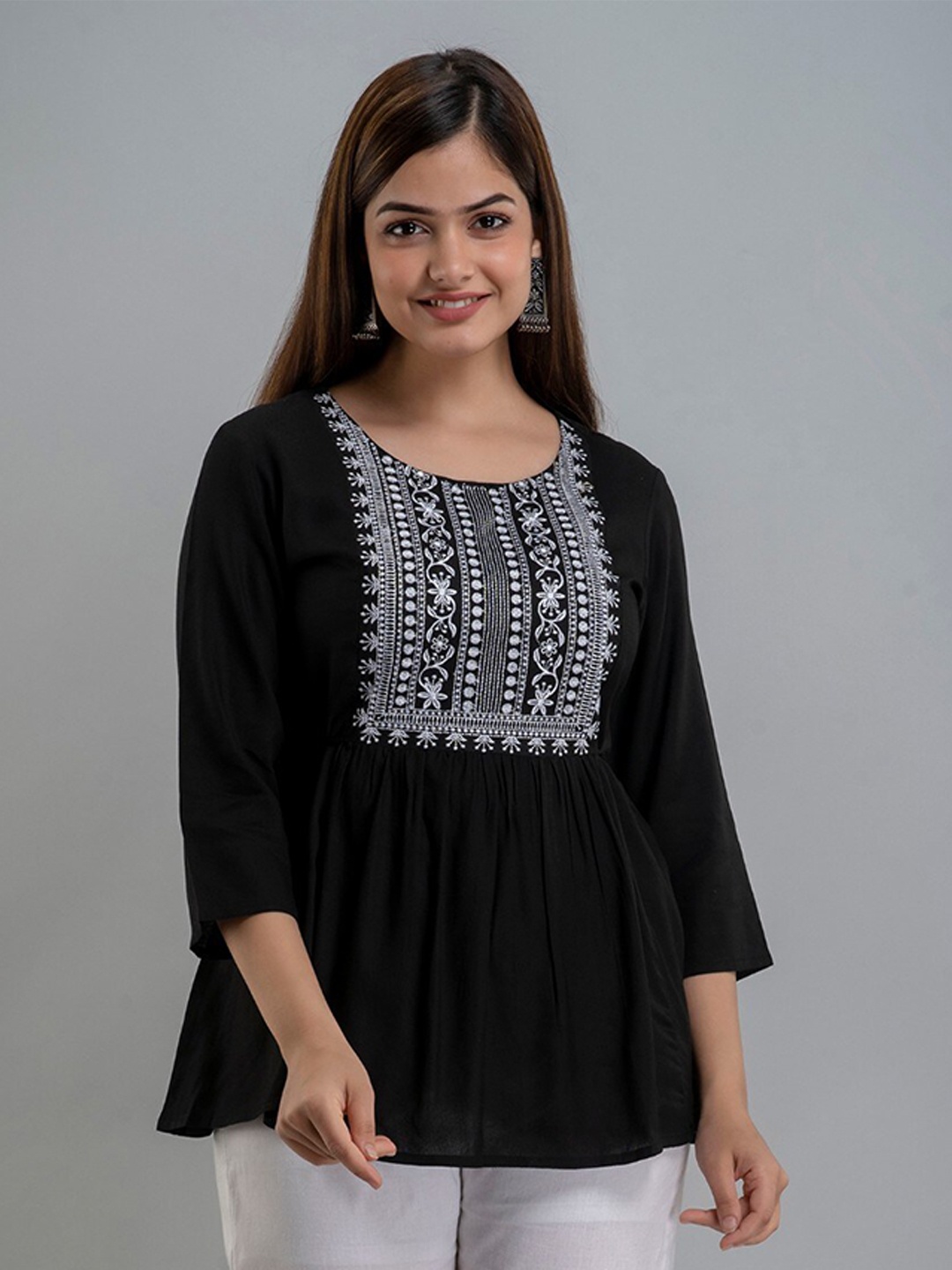 

SHOOLIN Ethnic Motifs Embroidered A-Line Kurti, Black