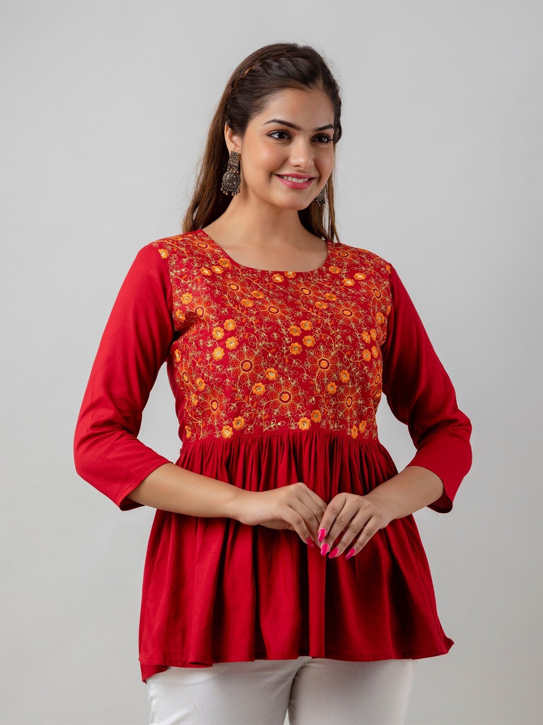 

SHOOLIN Floral Embroidered Round Neck Thread Work A-Line Kurti, Maroon